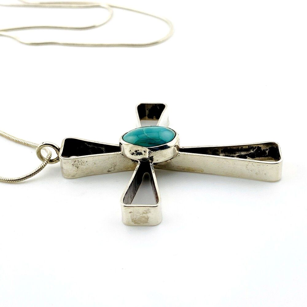 Large Modernist Sterling Silver Turquoise Cross Pendant Necklace Artisan Made - Picture 3 of 7